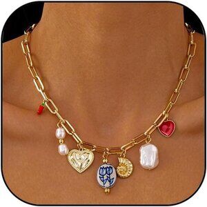 Gold Charm Necklace | Heart & Pearl Pendant | Trendy Ceramic Conch Summer